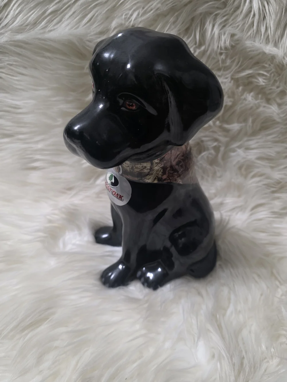 Black Ceramic Dog Figurine with Mossy Oak Collar - Decorative Pet Statue